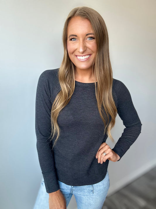Always Around Waffle Knit Top - Charcoal