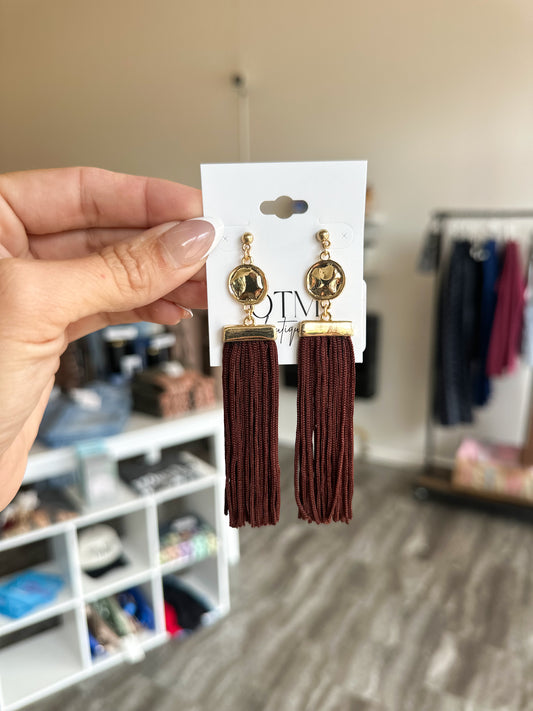Hammered Coin Tassel Earrings (Brown)