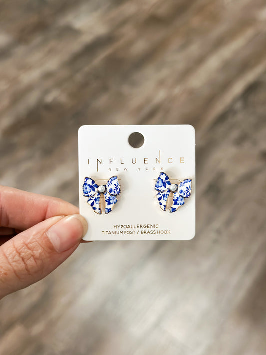 Blue Floral Bow Earrings (Gold)