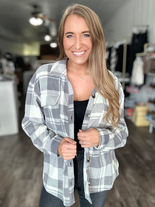 Wait On Me Plaid Fleece Shacket - Grey