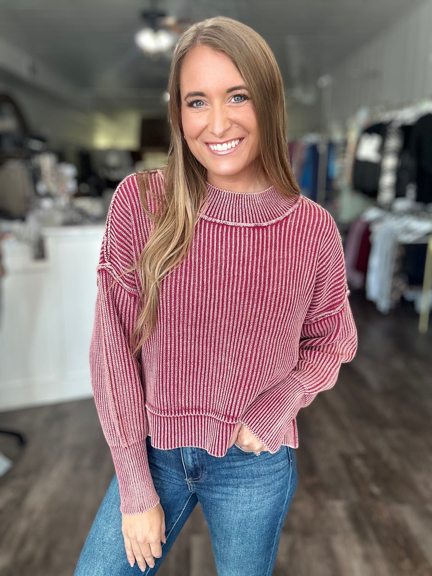 Drive Them Wild Ribbed Sweater - Washed Burgundy