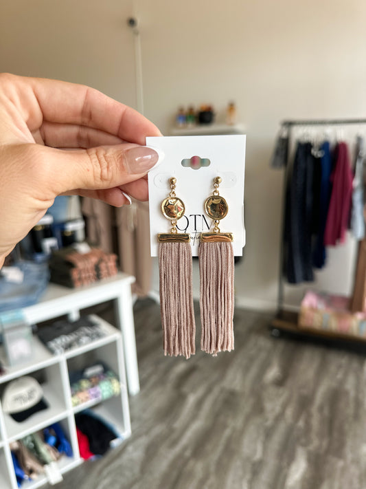 Hammered Coin Tassel Earrings (Tan)