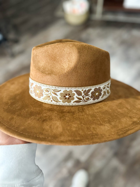 Flower Ribbon Fedora Hat - Brown