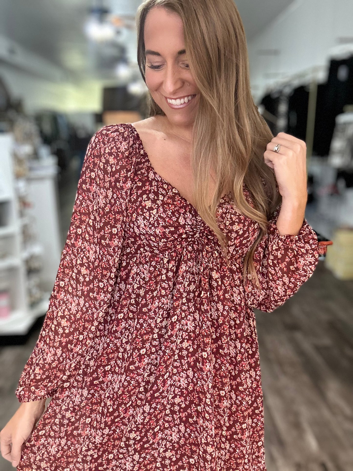 Twirl Me Around Floral Dress - Burgundy