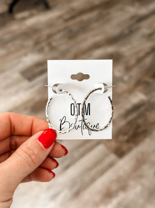 Hammered Oval Hoops - Silver