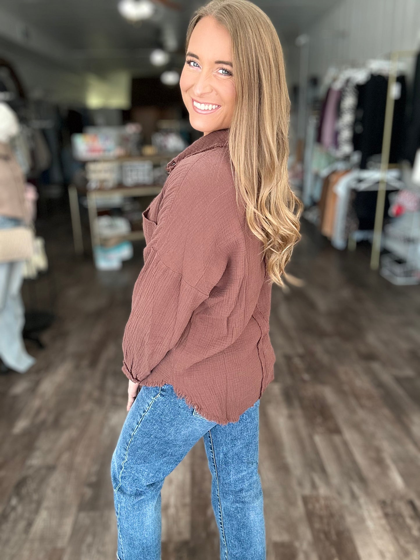 Out of Range Gauze Knit Button Down - Brown