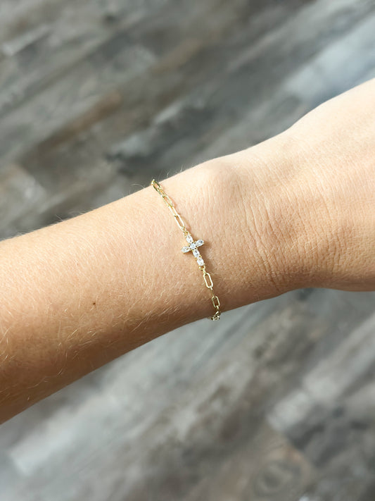 Dainty Chain Link Cross Bracelet - Gold