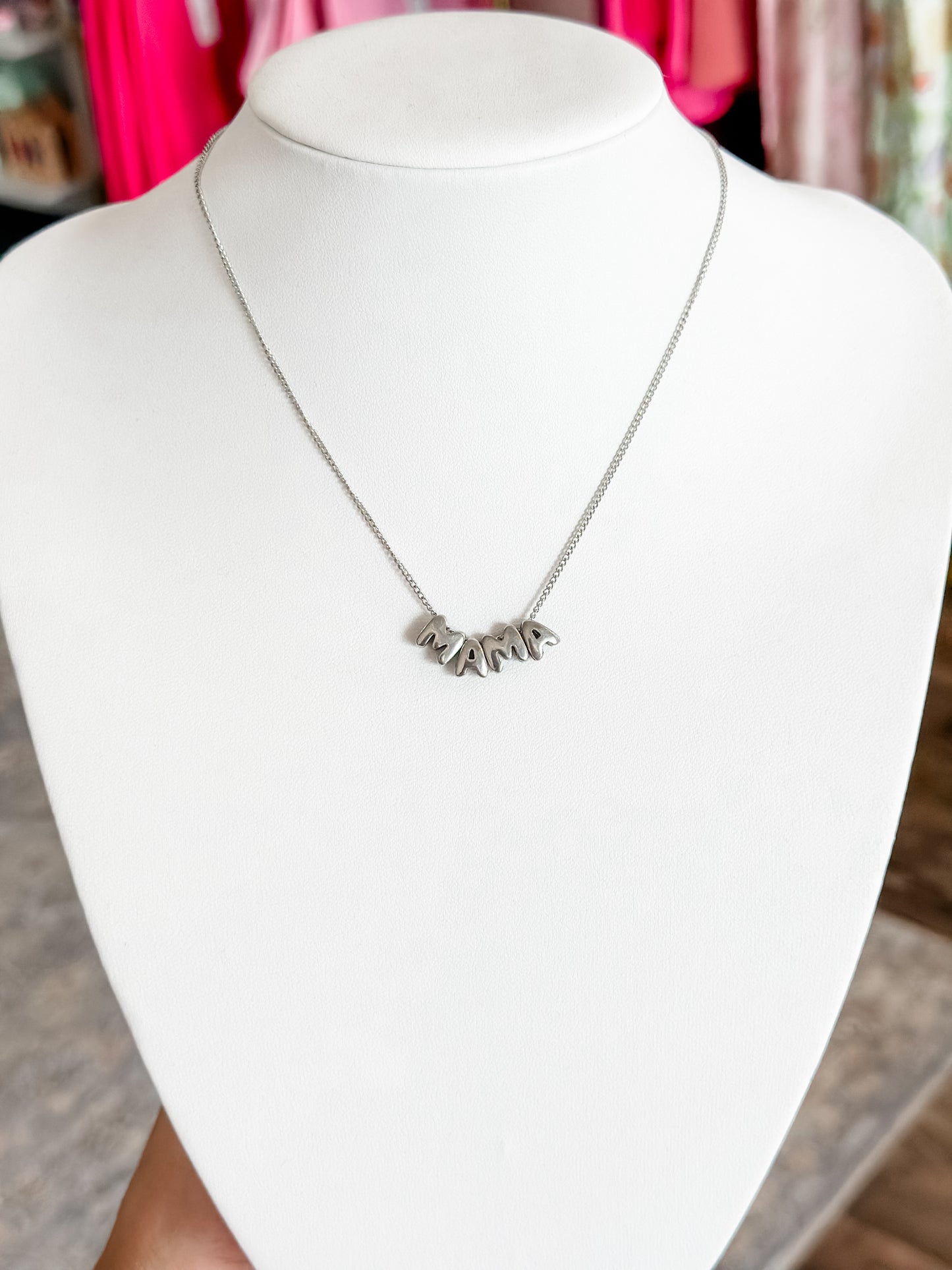 Mama Bubble Letter Necklace (Silver)