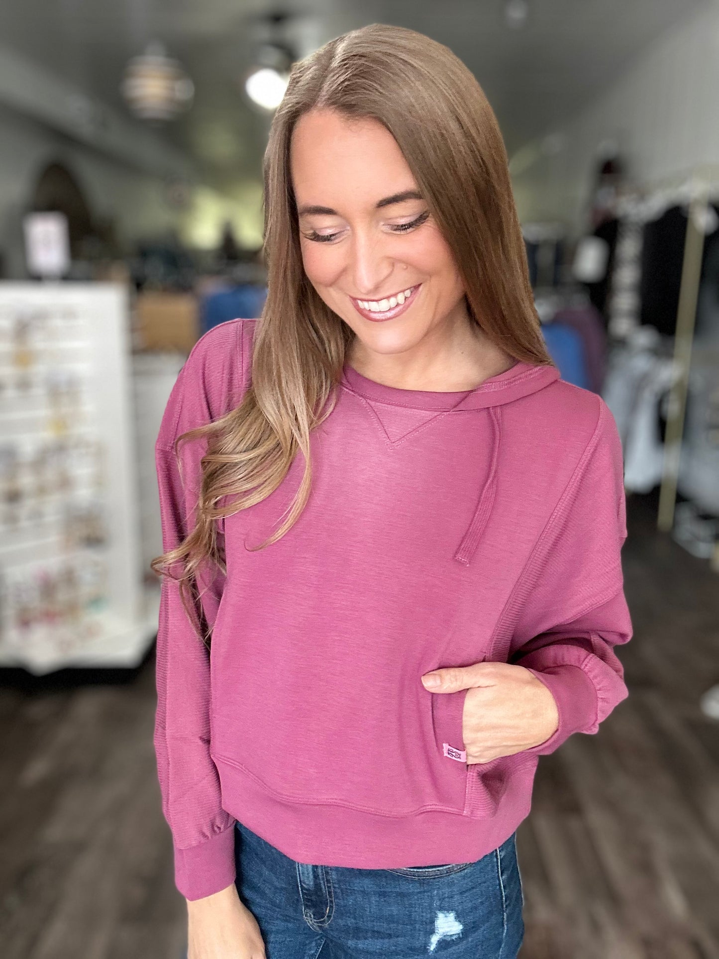 Parker Hooded Contrast Pullover (Plum) - Simply Southern