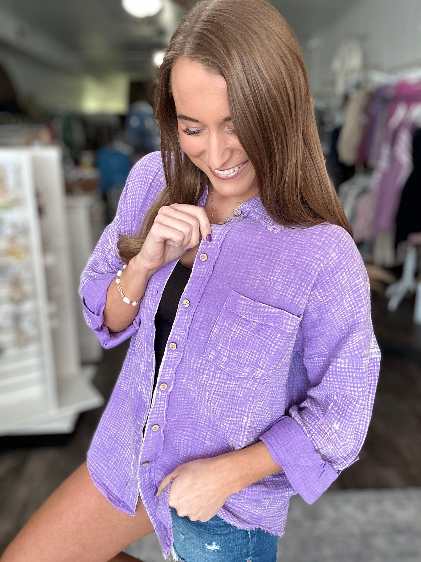 Out of Range Gauze Knit Button Down - Washed Lavender