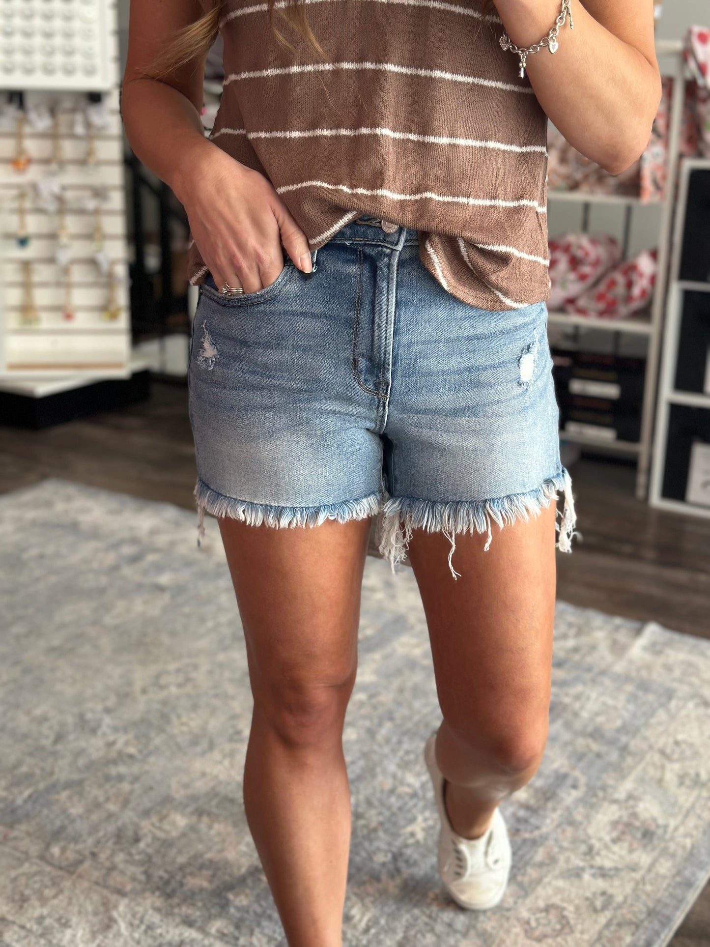 Karleen Frayed Hem Washed Denim Shorts