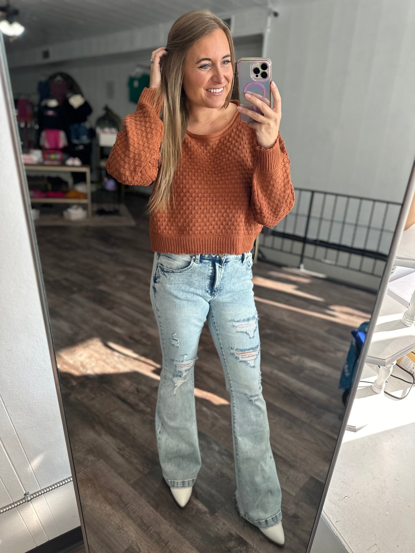 Demi Destoyed Mid-Rise Flare Denim