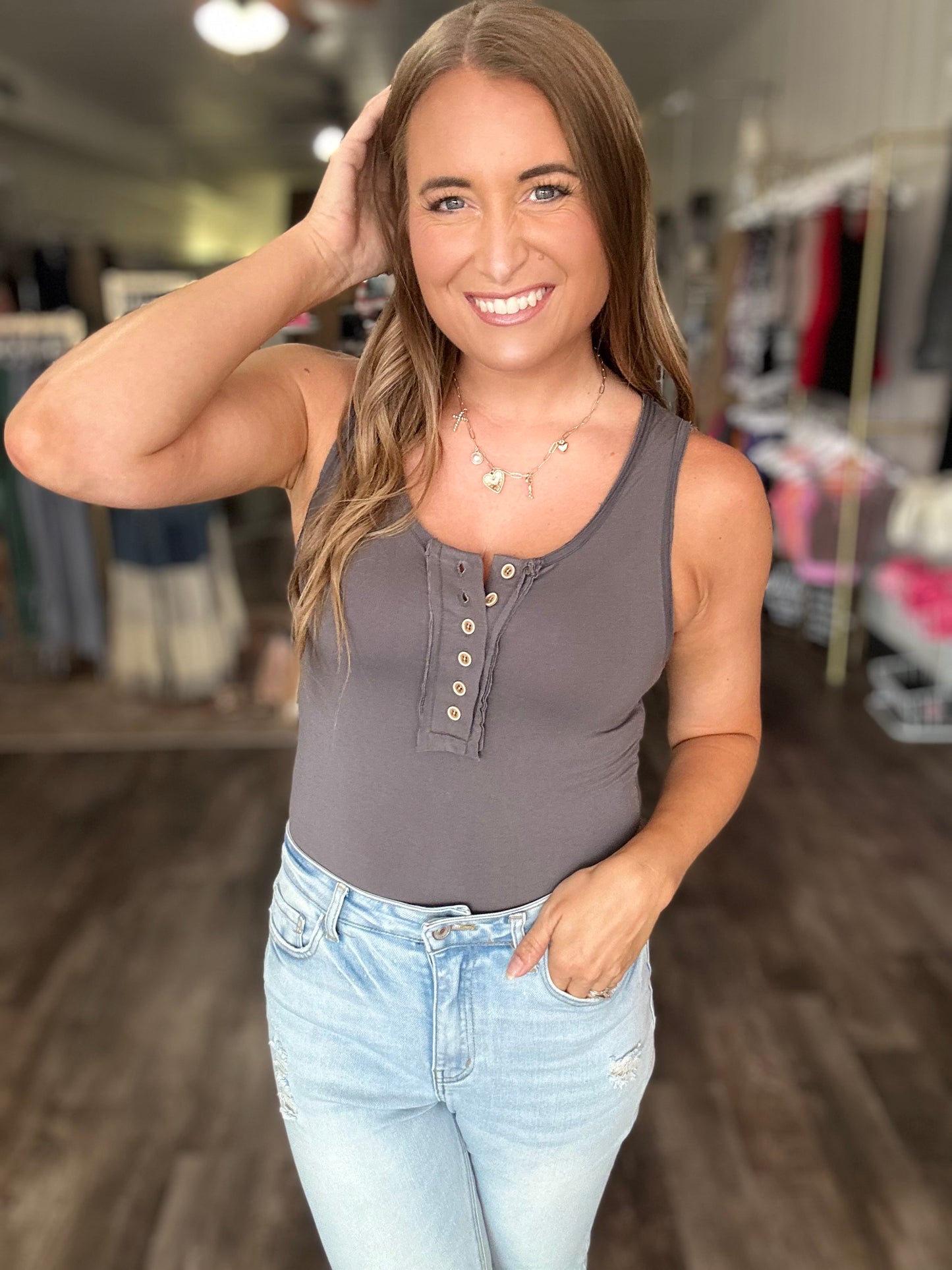 Slow It Down Button Down Bodysuit - Charcoal