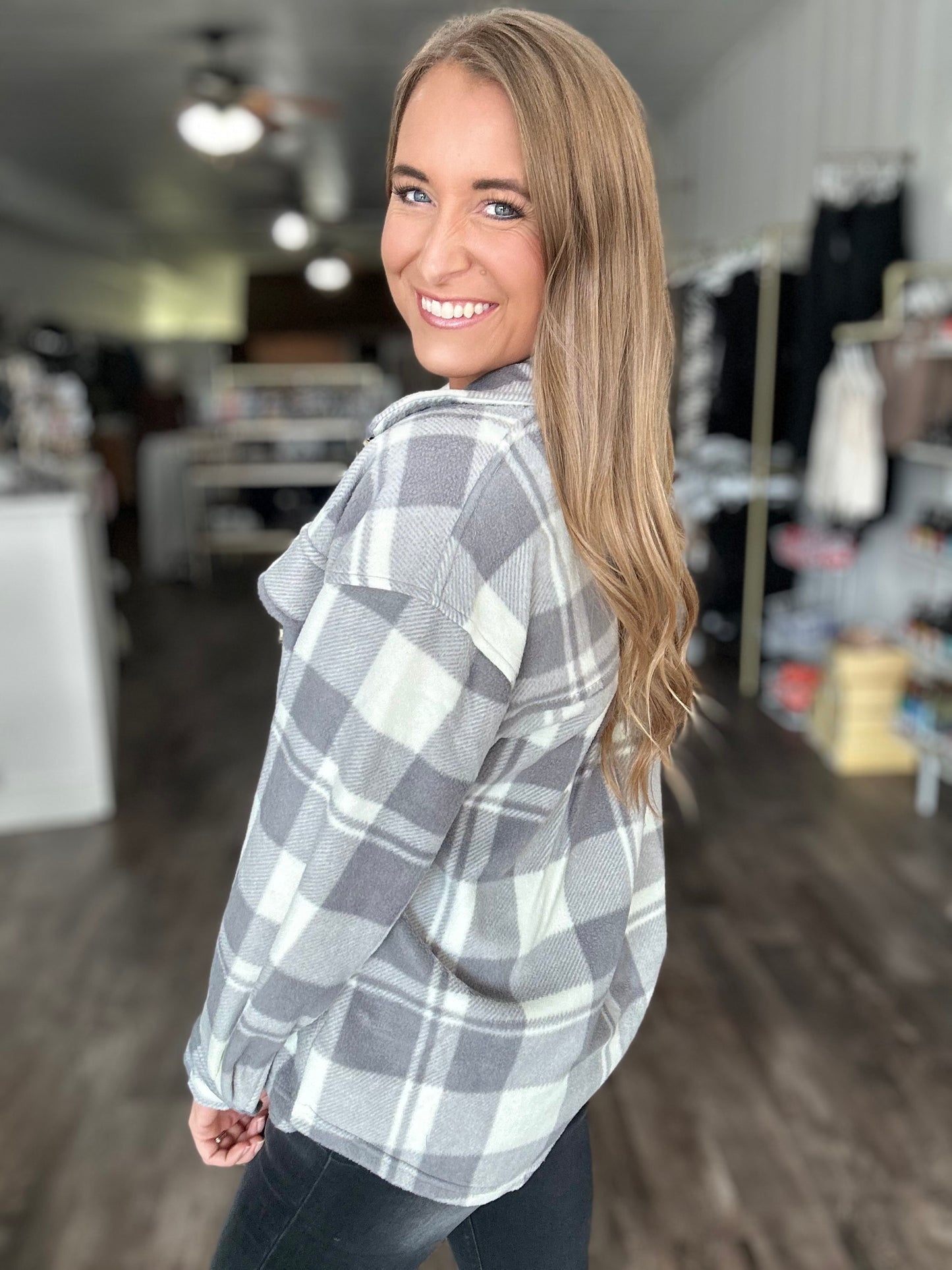 Wait On Me Plaid Fleece Shacket - Grey