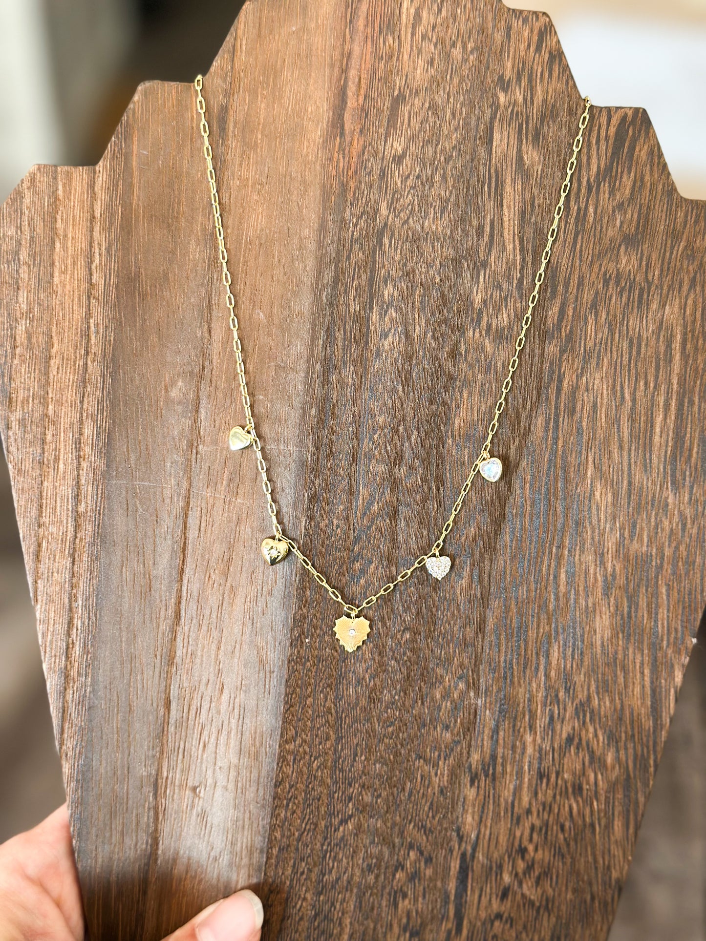 Mixed Hearts Charm Necklace (Gold)