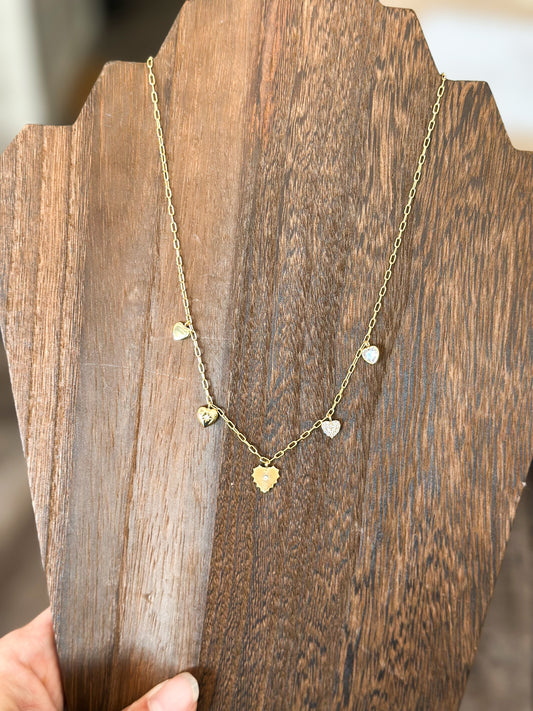 Mixed Hearts Charm Necklace (Gold)