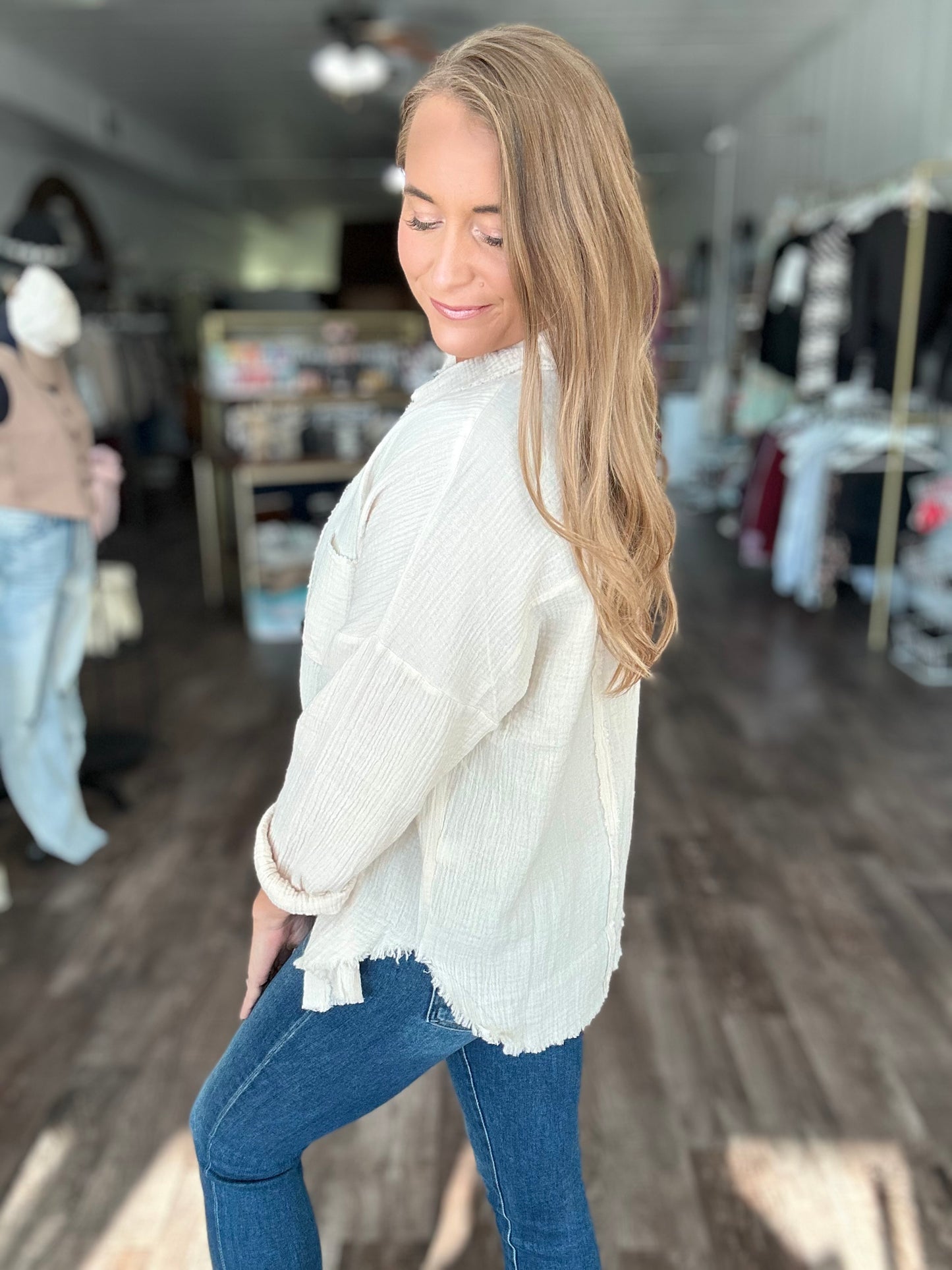 Out of Range Gauze Knit Button Down - Ivory