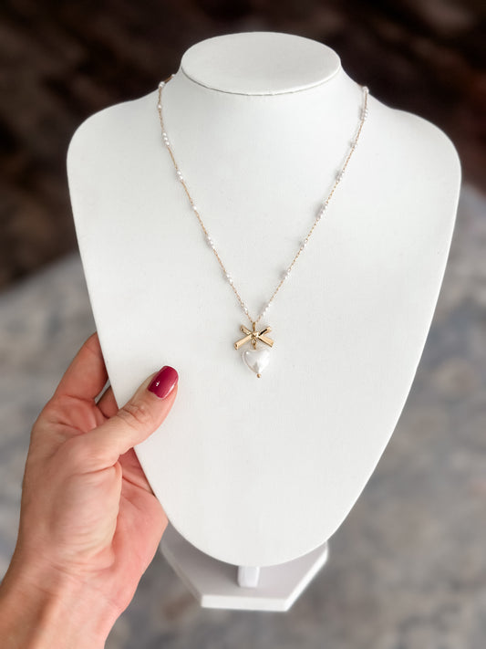 Bow & Pearl Heart Necklace