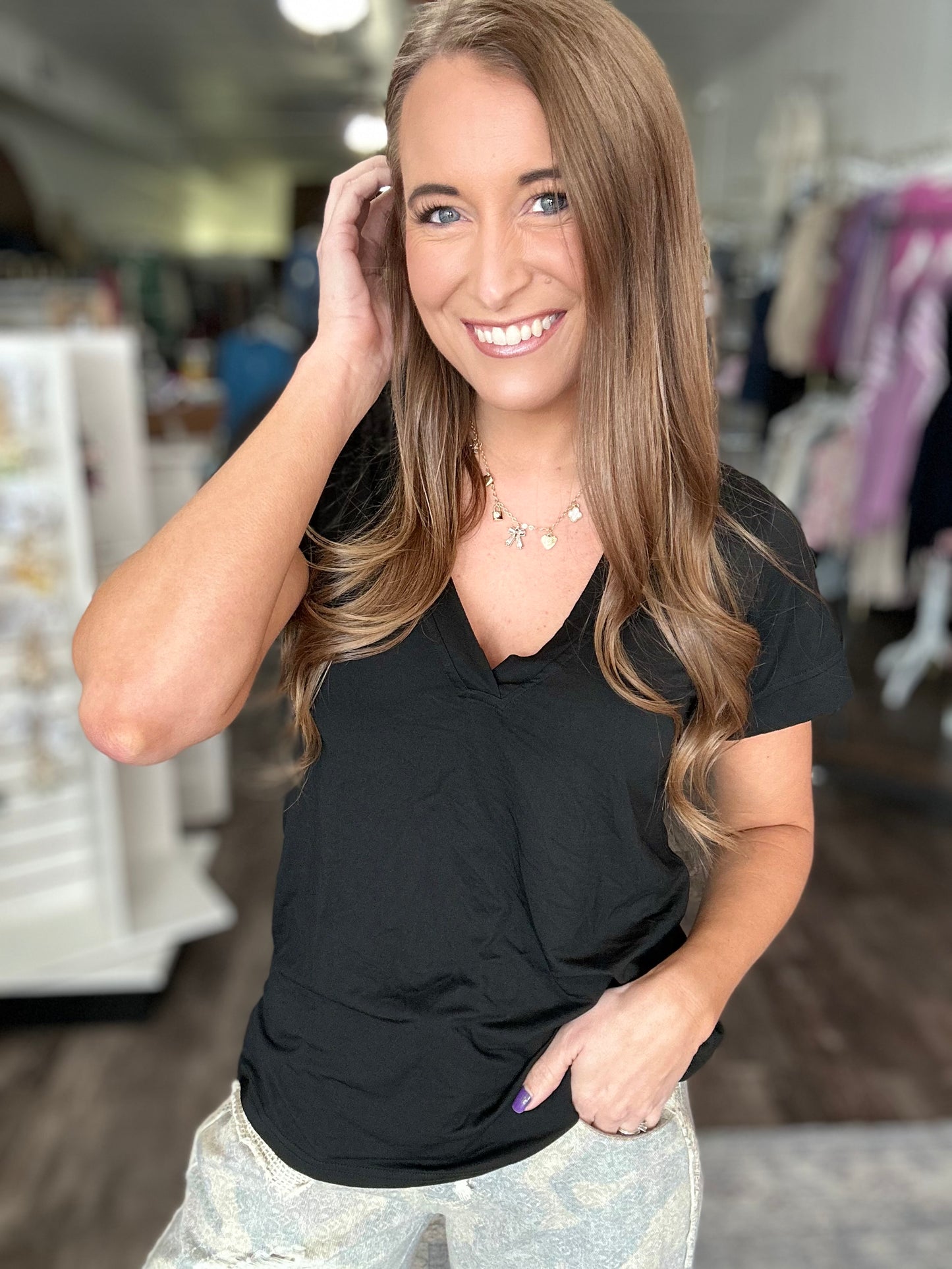 Little Bit of Luck Relaxed V-Neck (Black)