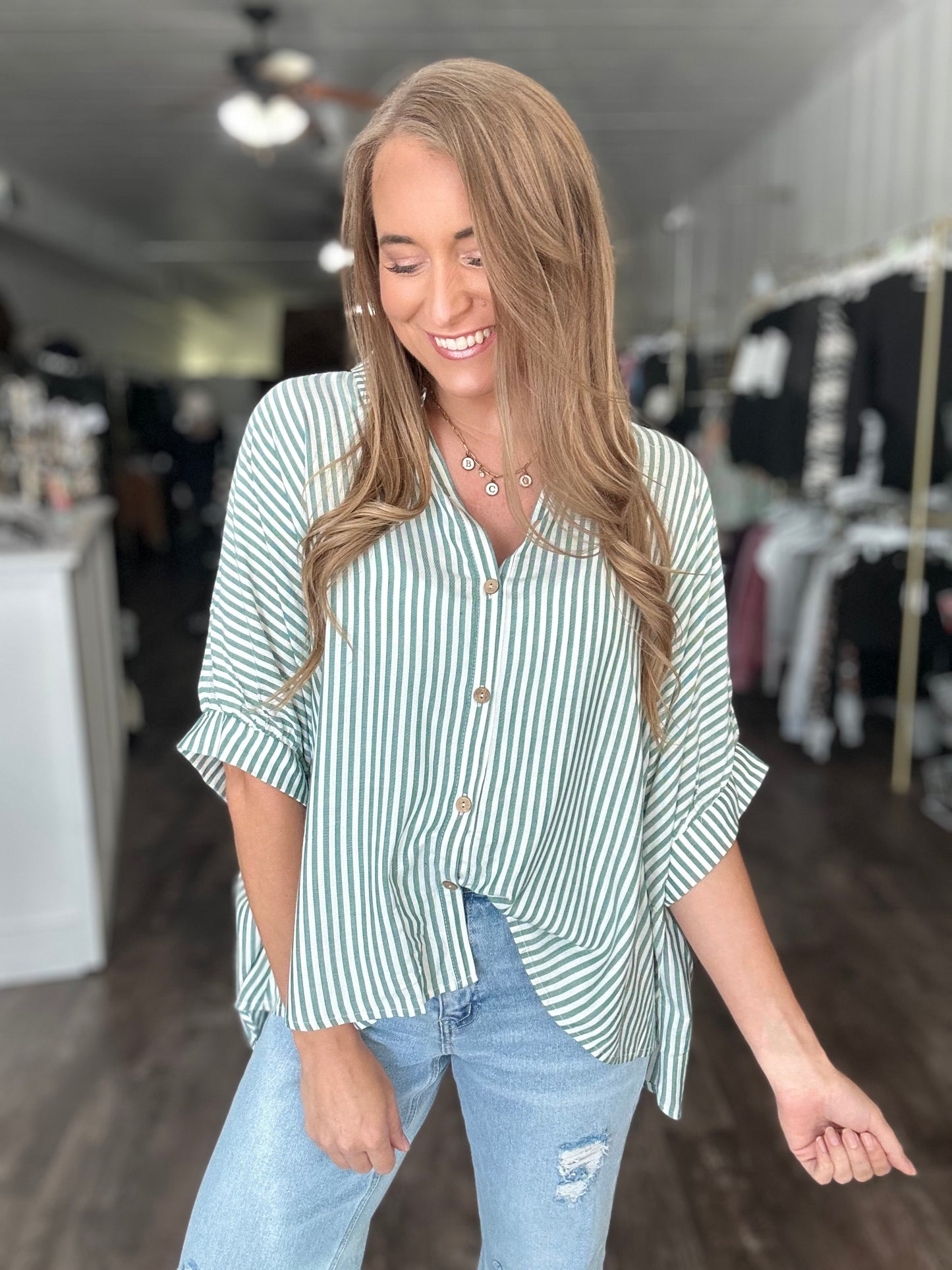 Just Friends Oversized Striped Button Down - Light Hunter Green