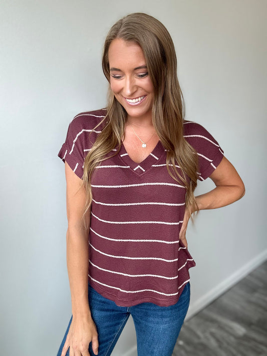 Julie Striped V-Neck Top (Burgundy)