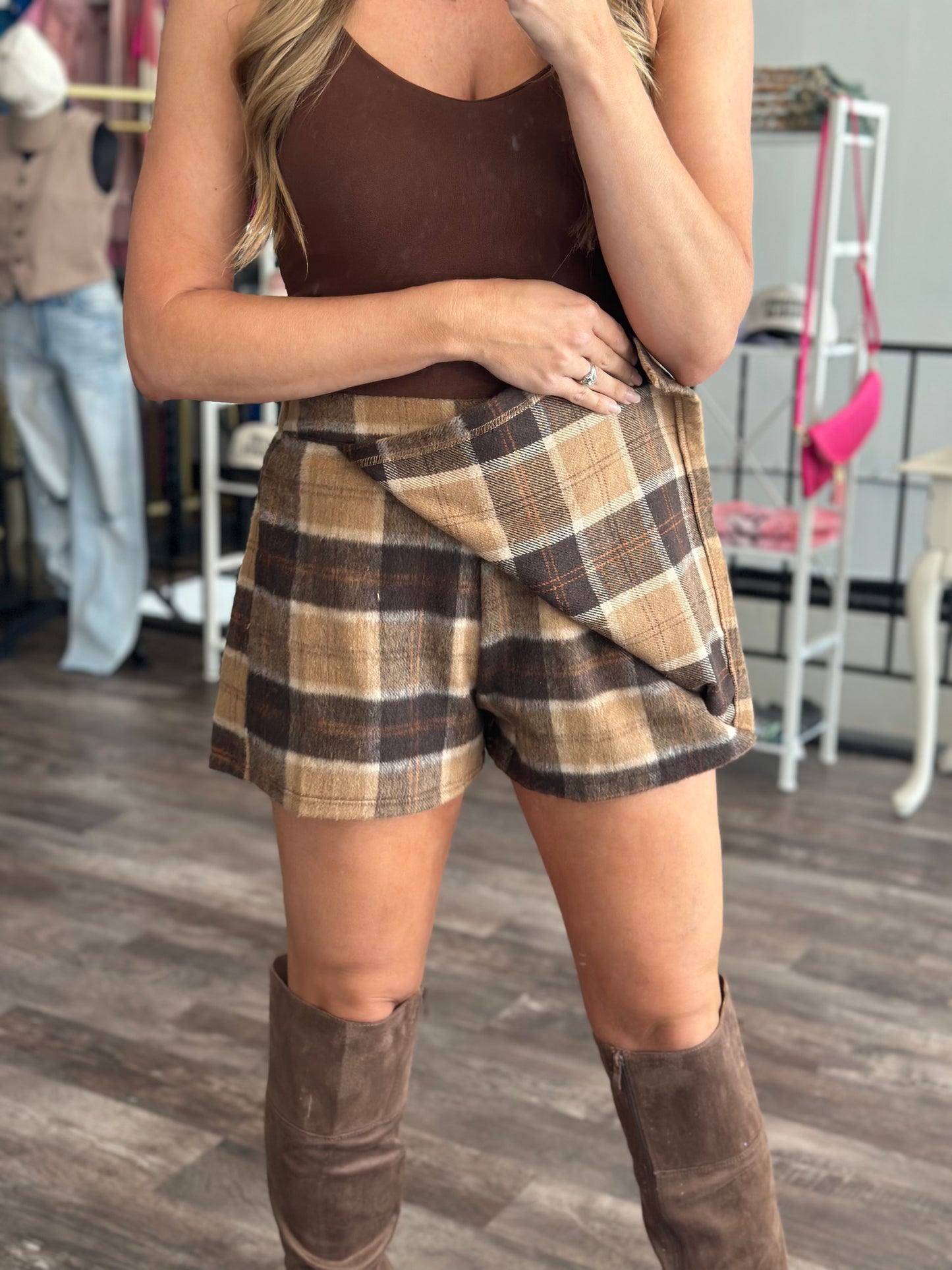 RESTOCK Chasing You Front Wrap Plaid Skort - Dark Brown/Taupe
