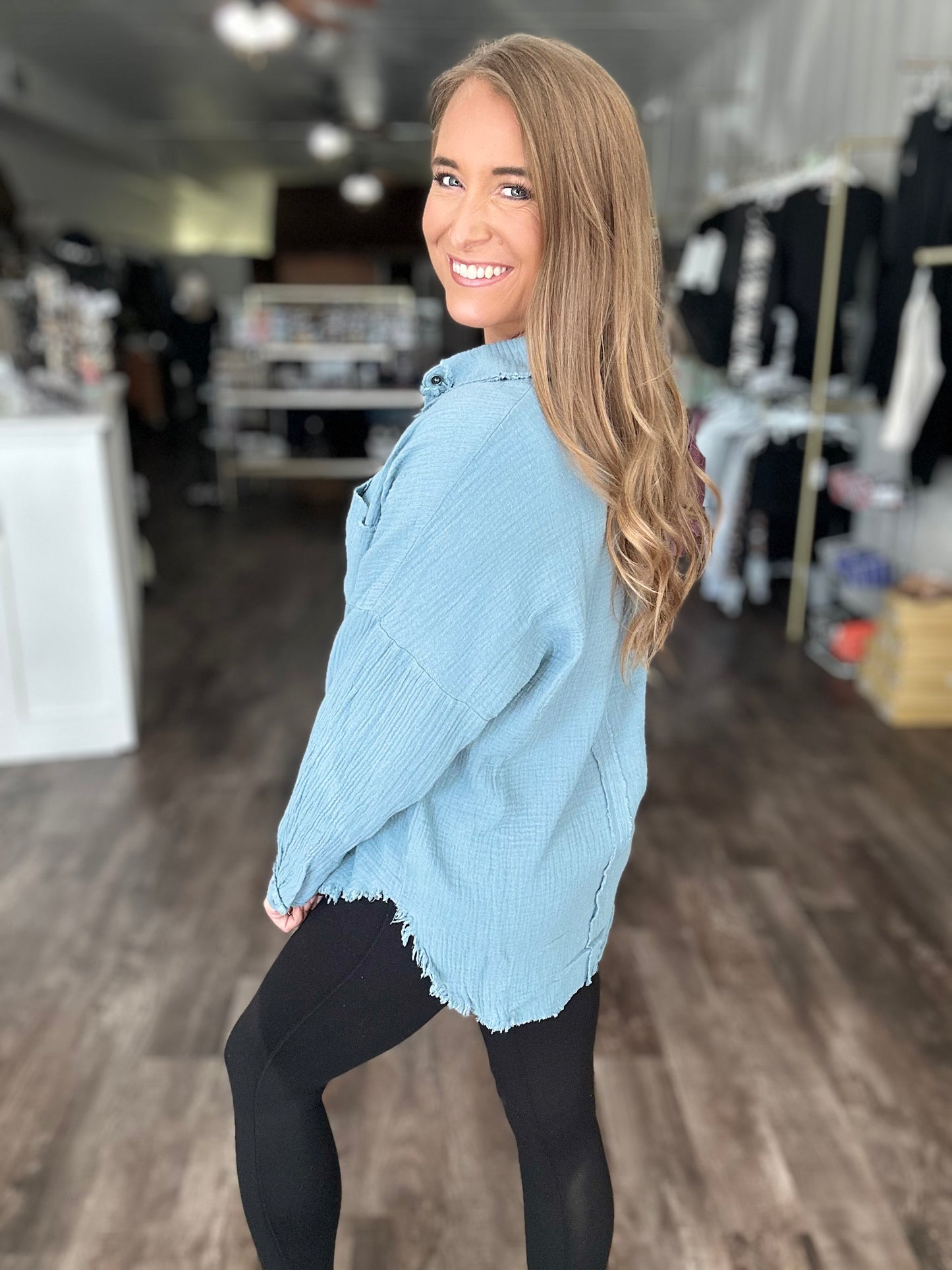 Out of Range Gauze Knit Button Down - Blue Grey