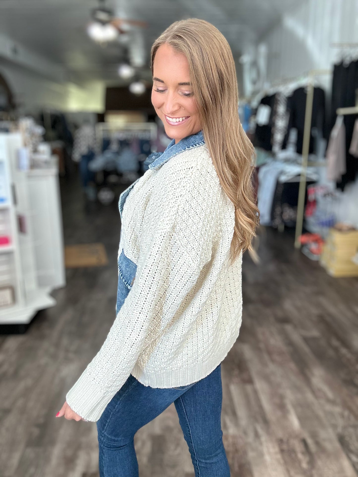 Running In Circles Mixed Sweater/Denim Cardigan
