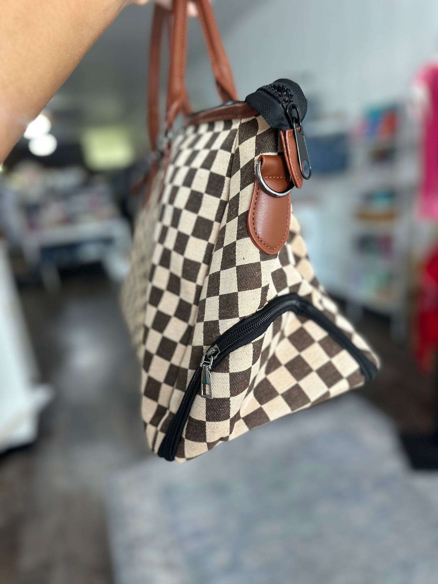 Gabby Checkered Weekender Duffle (Brown)