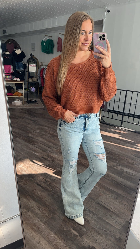 Demi Destoyed Mid-Rise Flare Denim