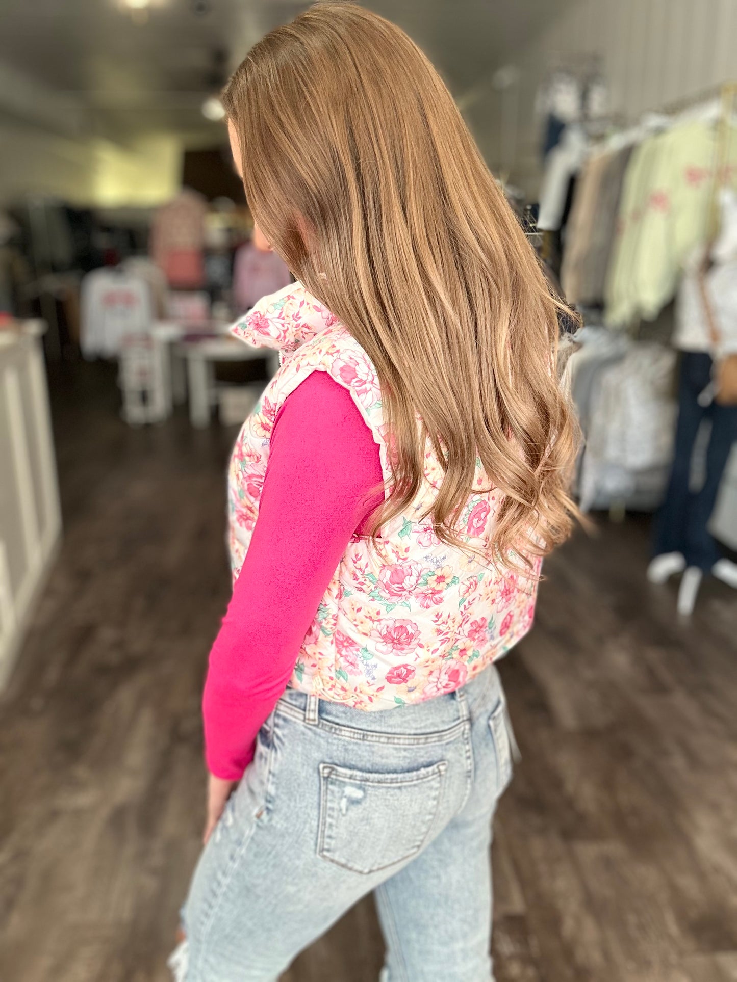 Scarlett Cream/Pink Floral Puffer Vest - Simply Southern