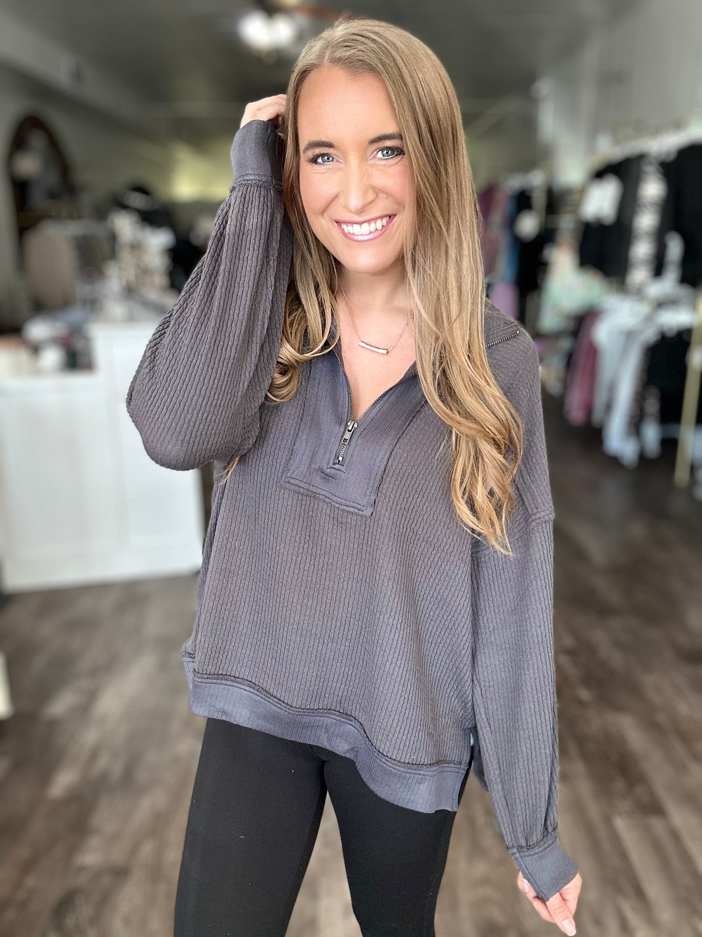 On My Own Time Waffle Knit Top - Charcoal