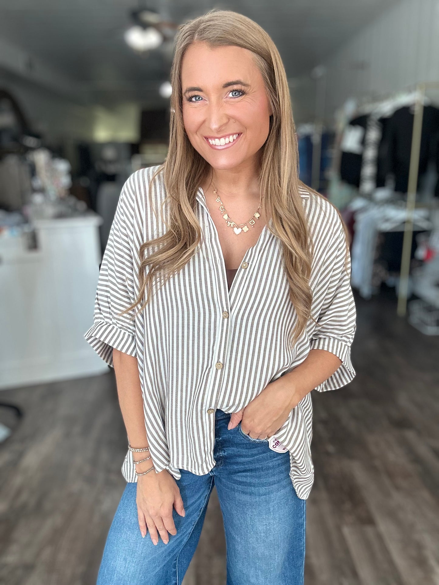 RESTOCK Just Friends Oversized Striped Button Down - Mocha
