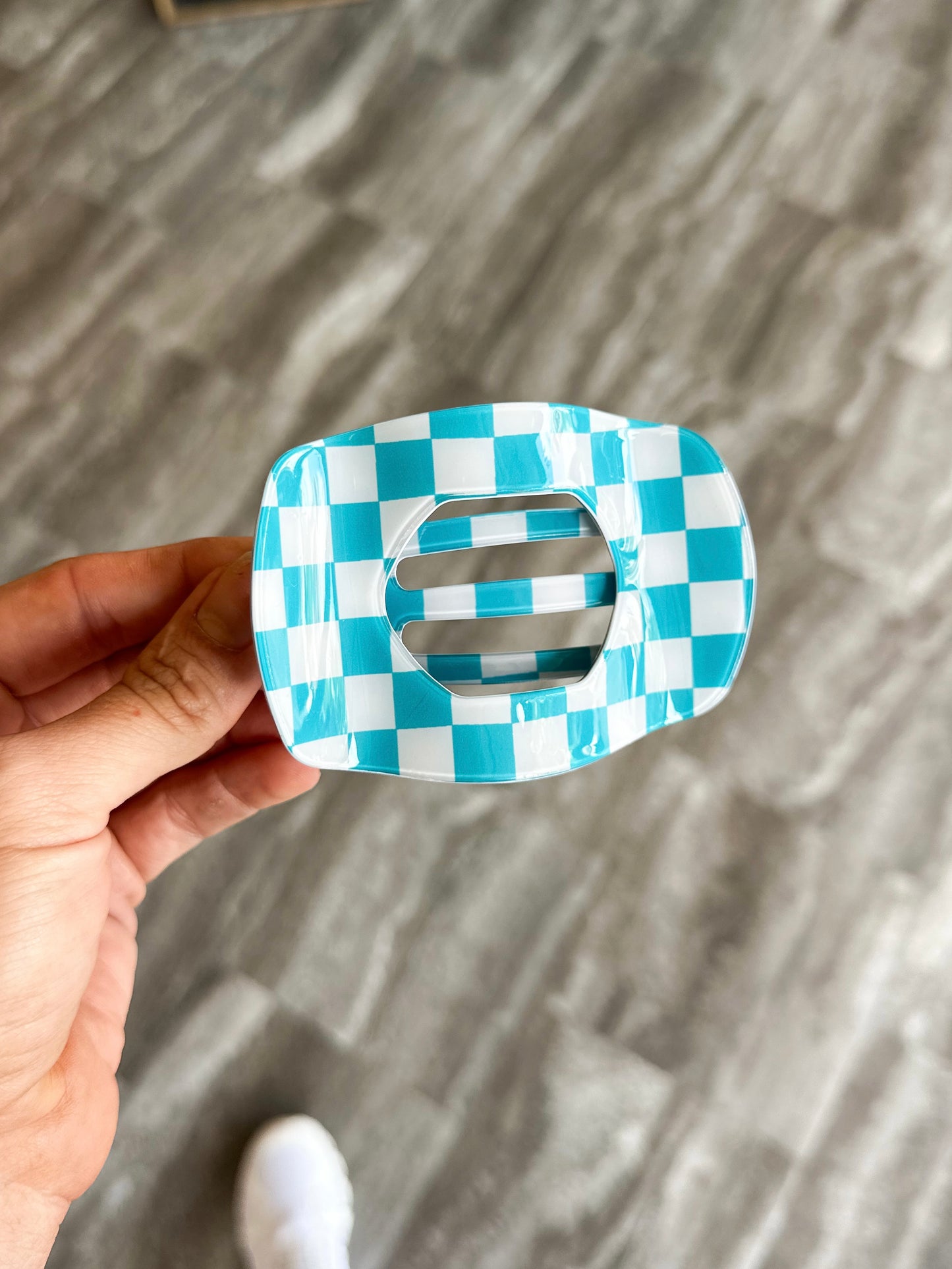 Teal Checkered Flat Claw Clip