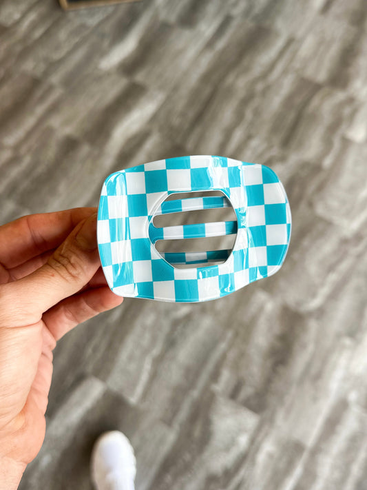 Teal Checkered Flat Claw Clip