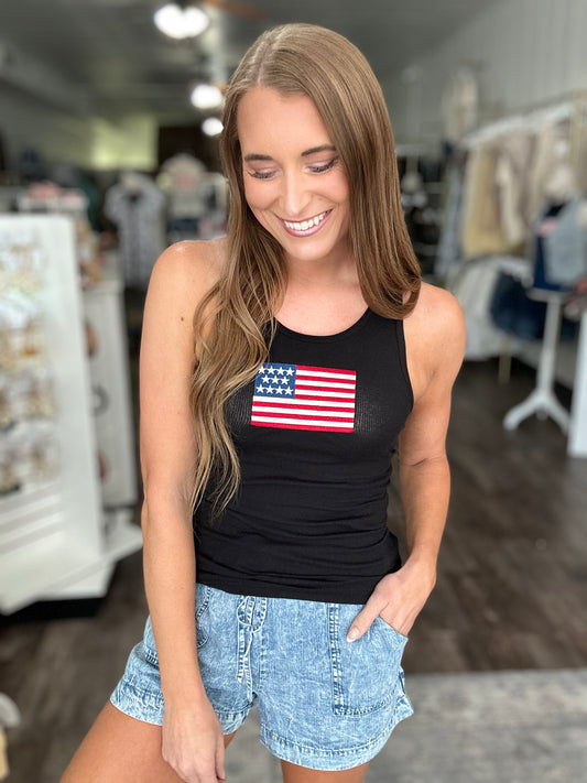 All American Girl Embroidered Flag Tank (Black)