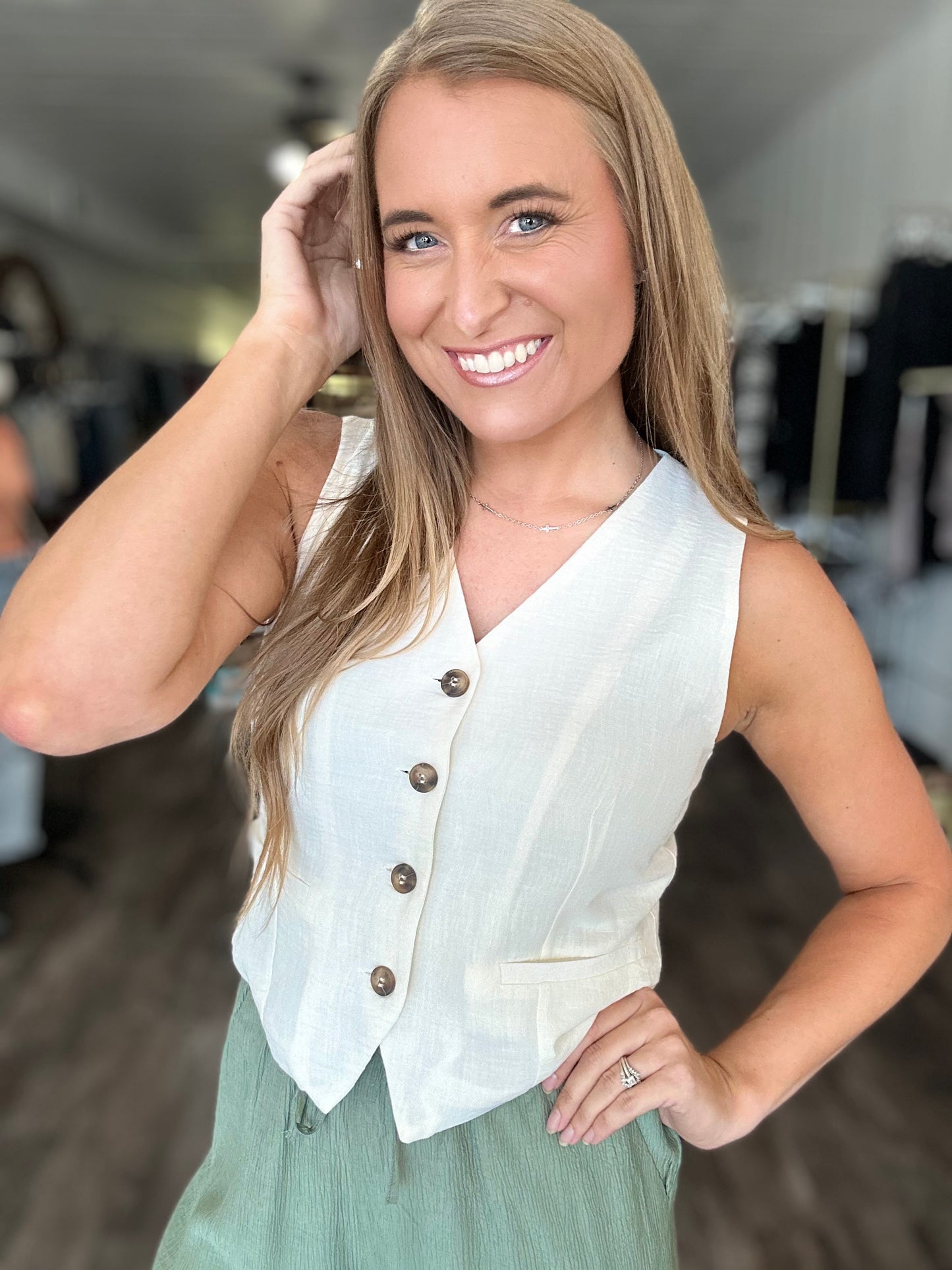 Timeless Button Down Linen Vest - Ivory