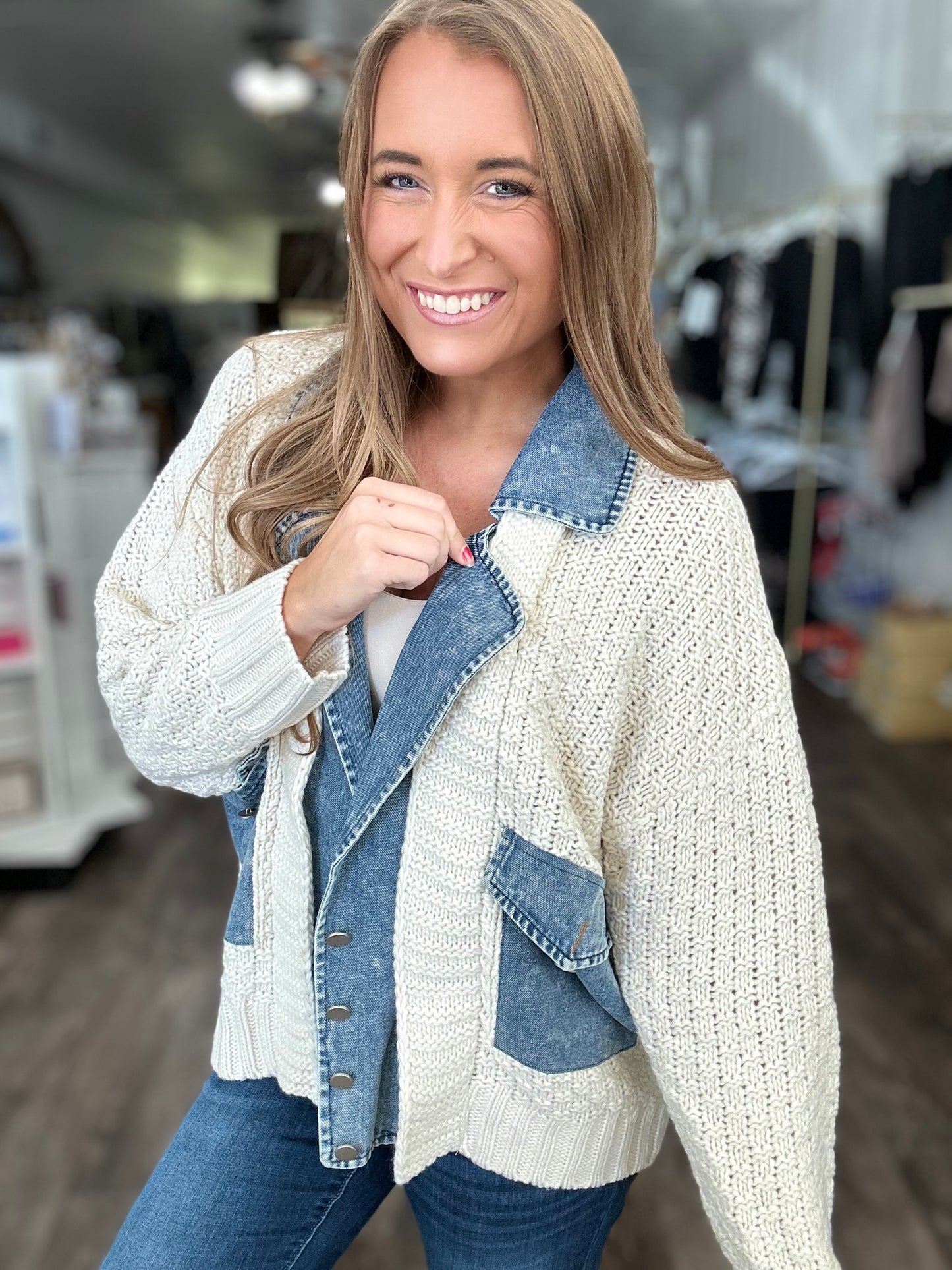 Running In Circles Mixed Sweater/Denim Cardigan