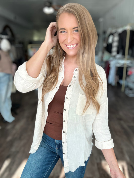 Out of Range Gauze Knit Button Down - Ivory