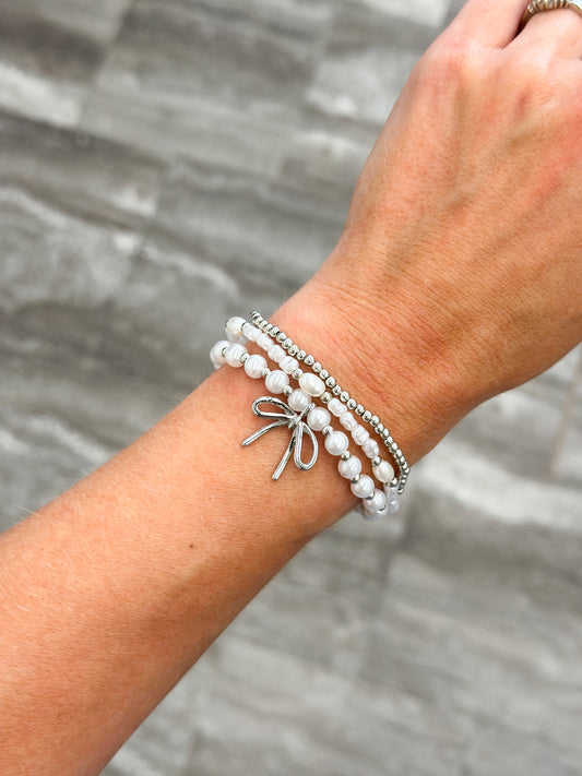 Pearl/Bow Beaded Stacked Bracelet