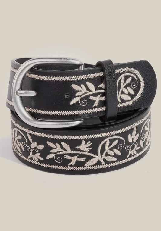 Floral Embroidered Belt - Black
