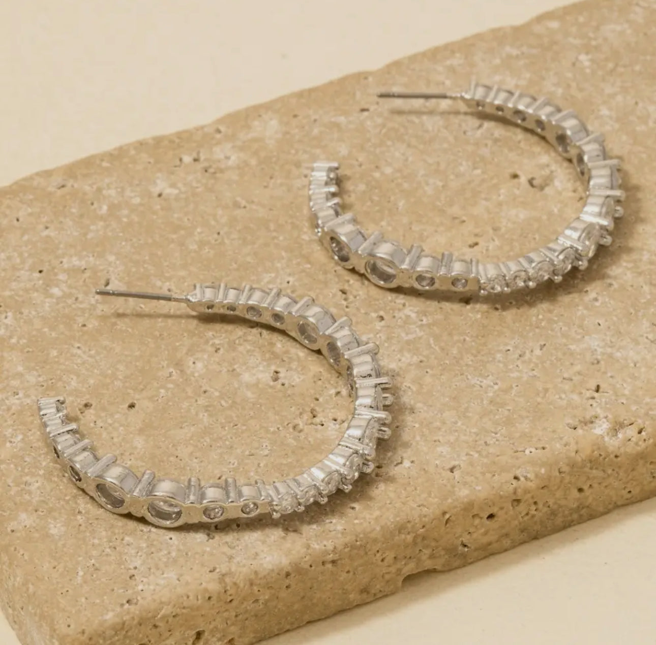 Round Cut Rhinestone Hoops (Silver)