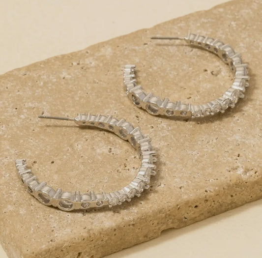 Round Cut Rhinestone Hoops (Silver)