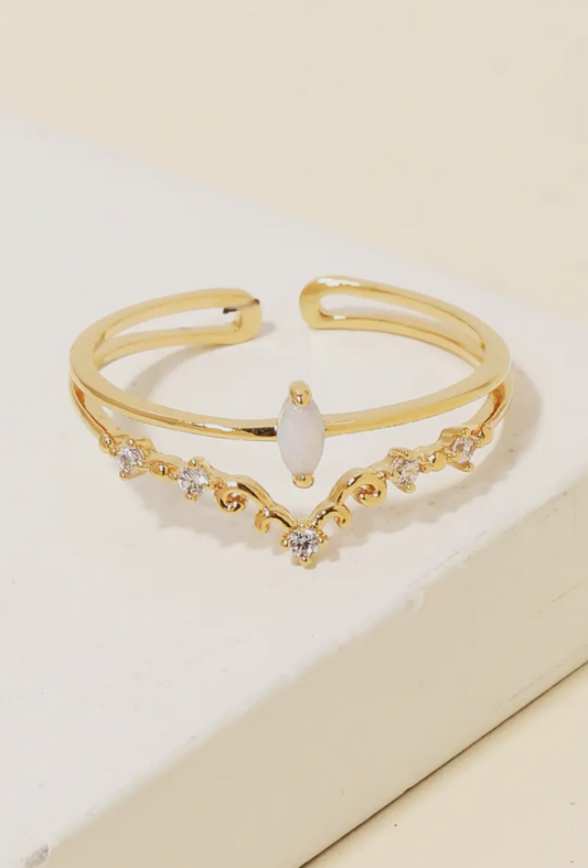 Double Band Opal Rhinestone Ring - Gold