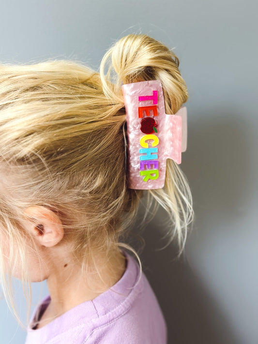 Teacher Acrylic Hair Clip - Pink