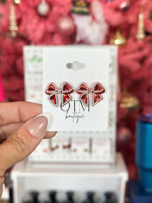 Red Bow Rhinestone Studs