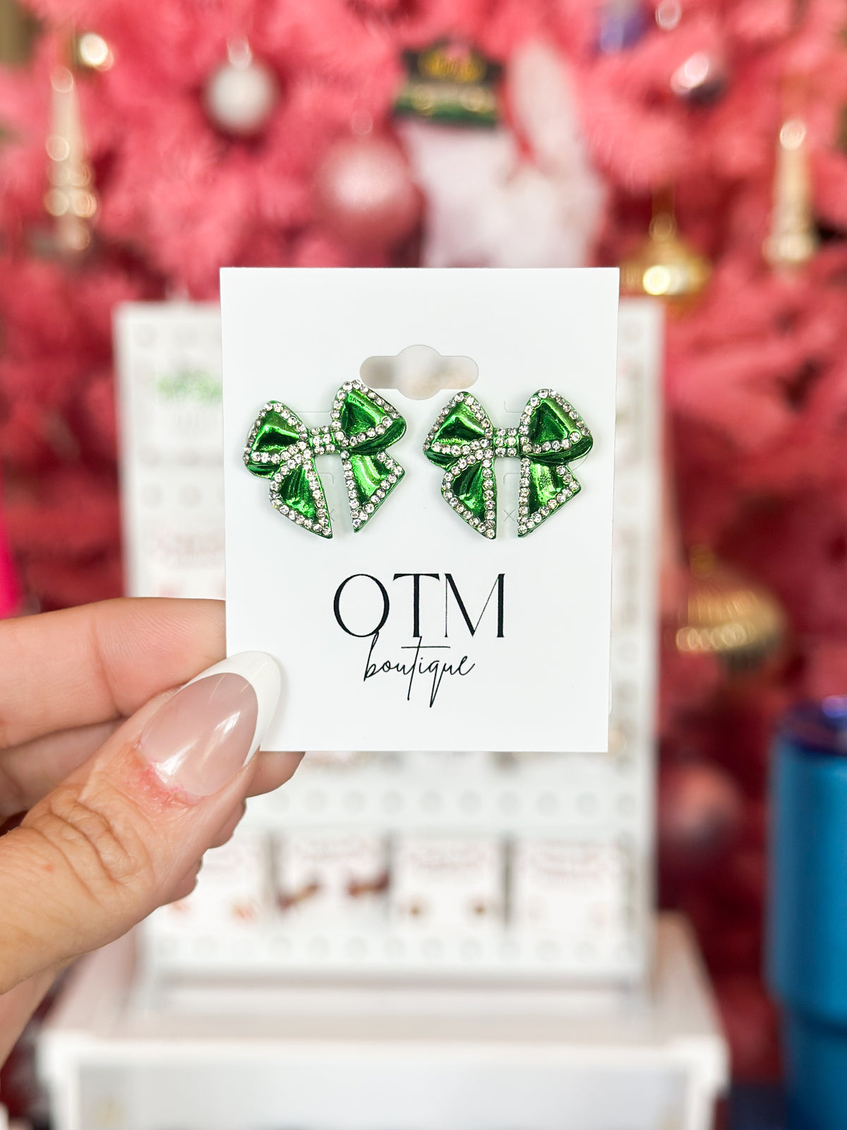 Green Bow Rhinestone Studs